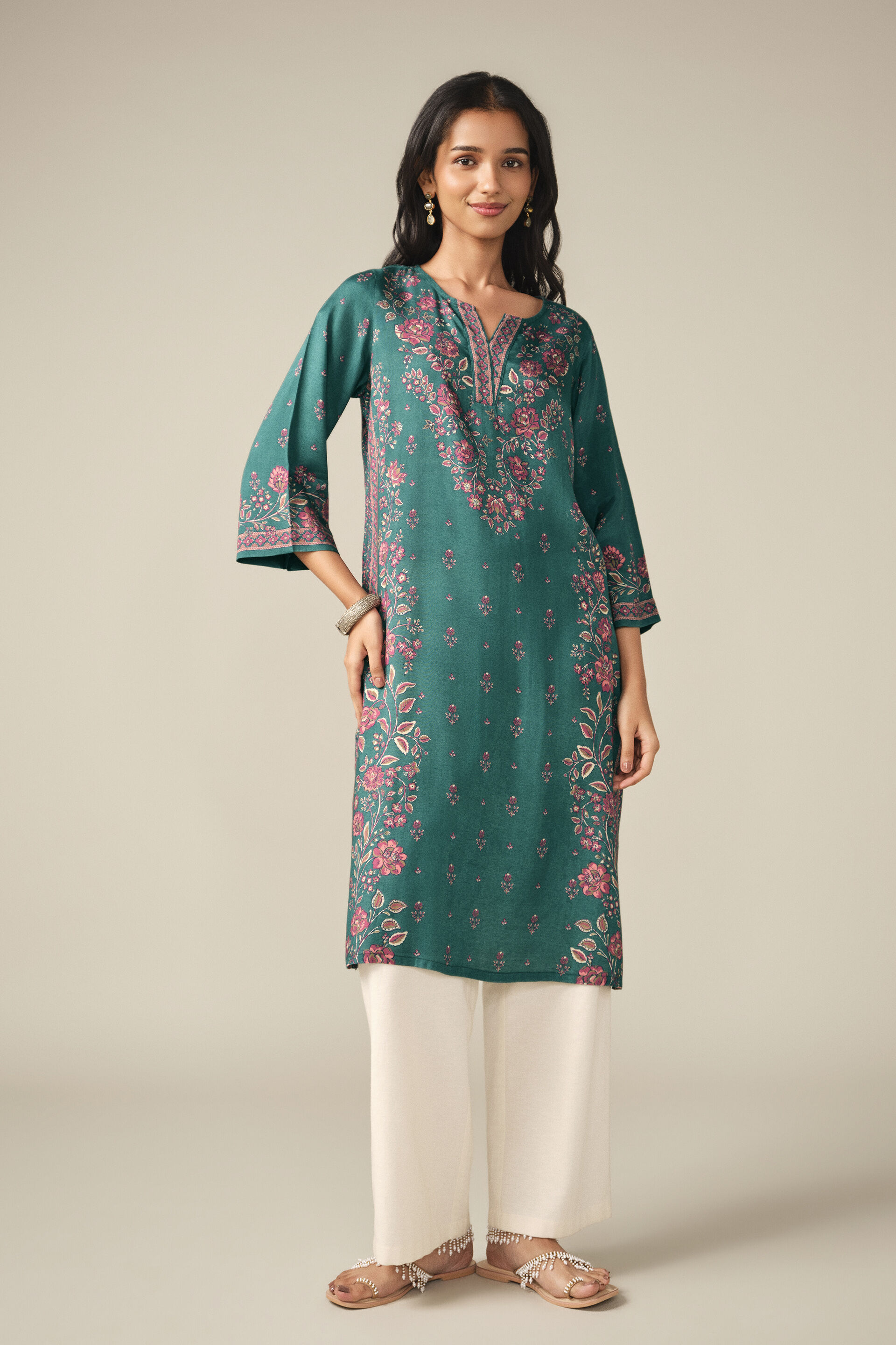 Floral Print Kurta in Green, Green, image 3